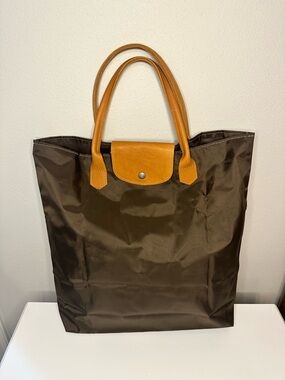 Classic Brown Nylon Foldable Tote Bag with Tan Leather Handles